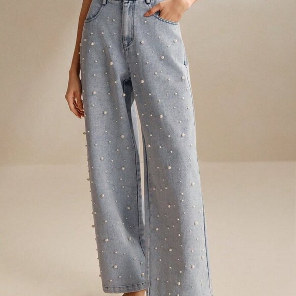 Teal Blue Casual Women's Pearl Decorated Denim Straight-Leg Pants - Picture 6 of 6